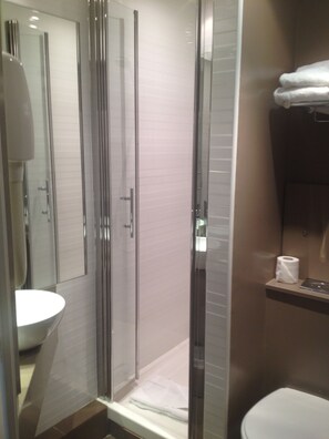 Un baño moderno con ducha de vidrio, un lavamanos blanco y un inodoro.