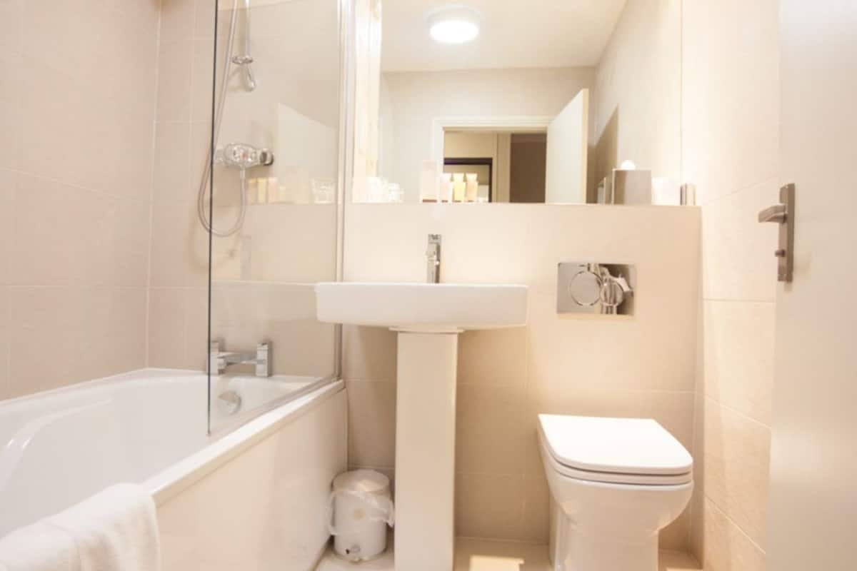 combined shower/bathtub, hair dryer, towels, soap