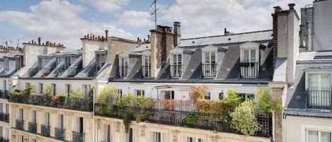 Uma fileira de casas urbanas europeias clássicas, com telhados inclinados e varandas ornamentadas.