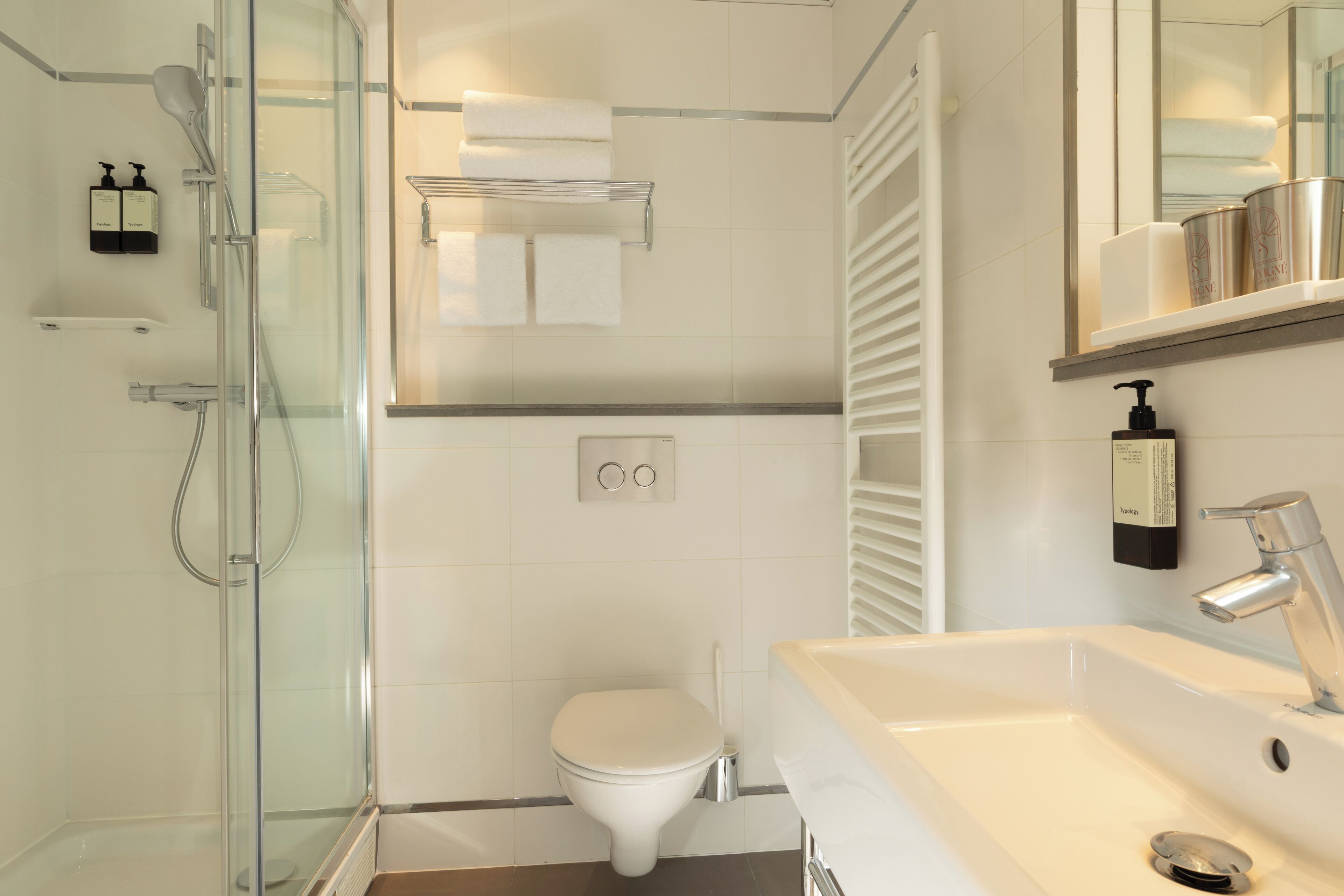 A modern bathroom with a glass shower enclosure, a white toilet, and a sink with a mirror above.