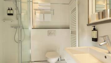 A modern bathroom with a glass shower enclosure, a white toilet, and a sink with a mirror above.
