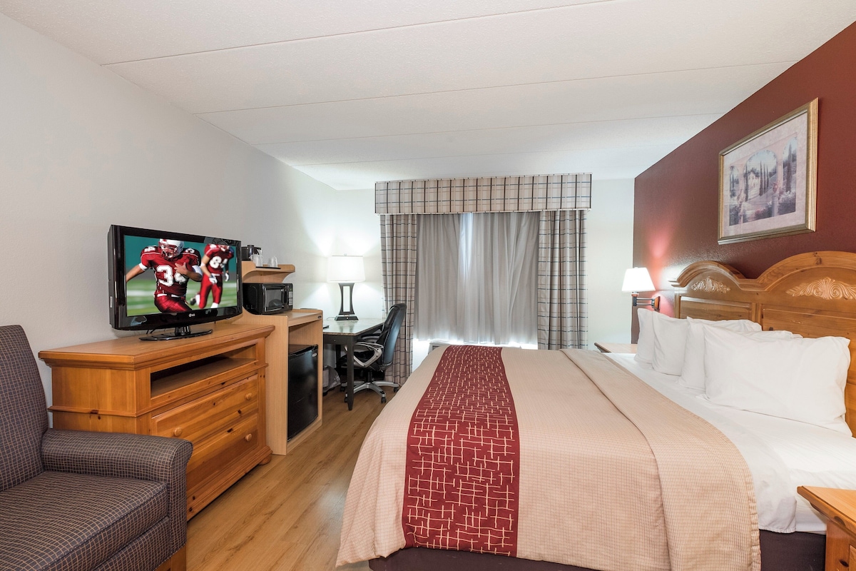 Une chambre d’hôtel avec un lit, une télévision, un bureau et une chaise.