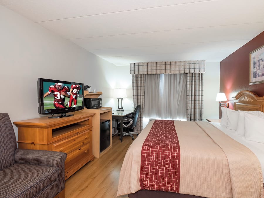Una habitación de hotel con una cama, televisión, escritorio y una silla.