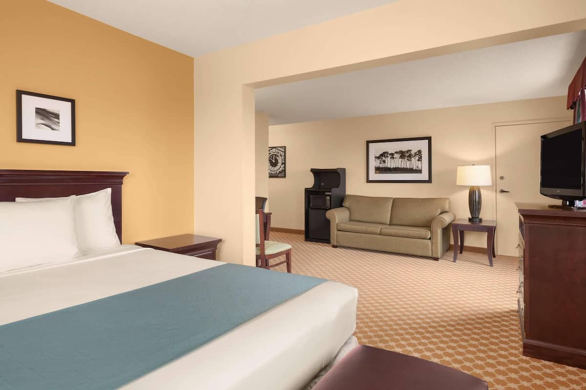 A hotel room with a bed, a sofa, a television, a desk, and a lamp.