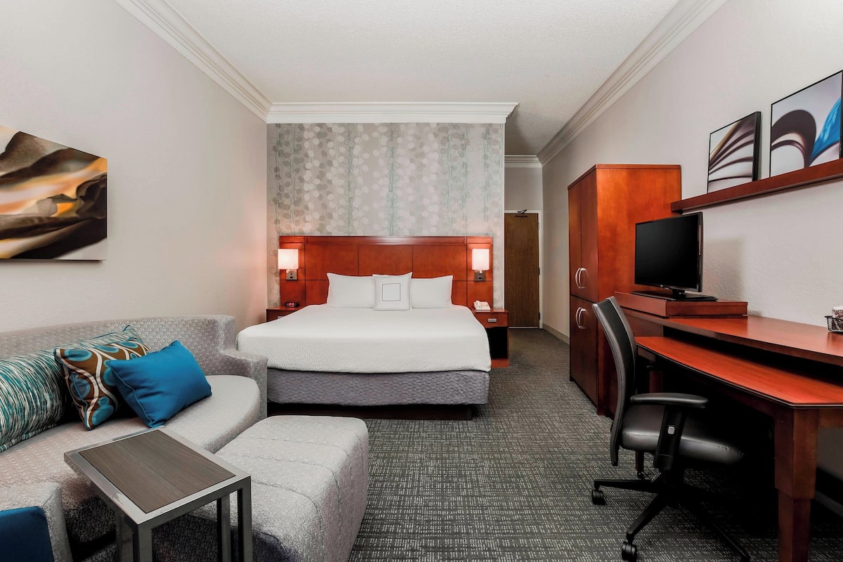1 bedroom, desk, blackout curtains, iron/ironing board