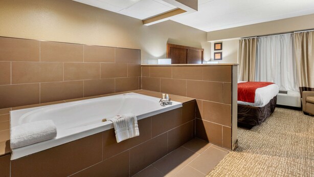 A modern bathroom with a large bathtub, a shower area, and a vanity with a mirror. - Comfort Inn & Suites Hamilton Place (Chattanooga)
