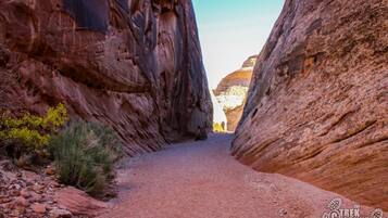 A narrow canyon path flanked by red rock walls.