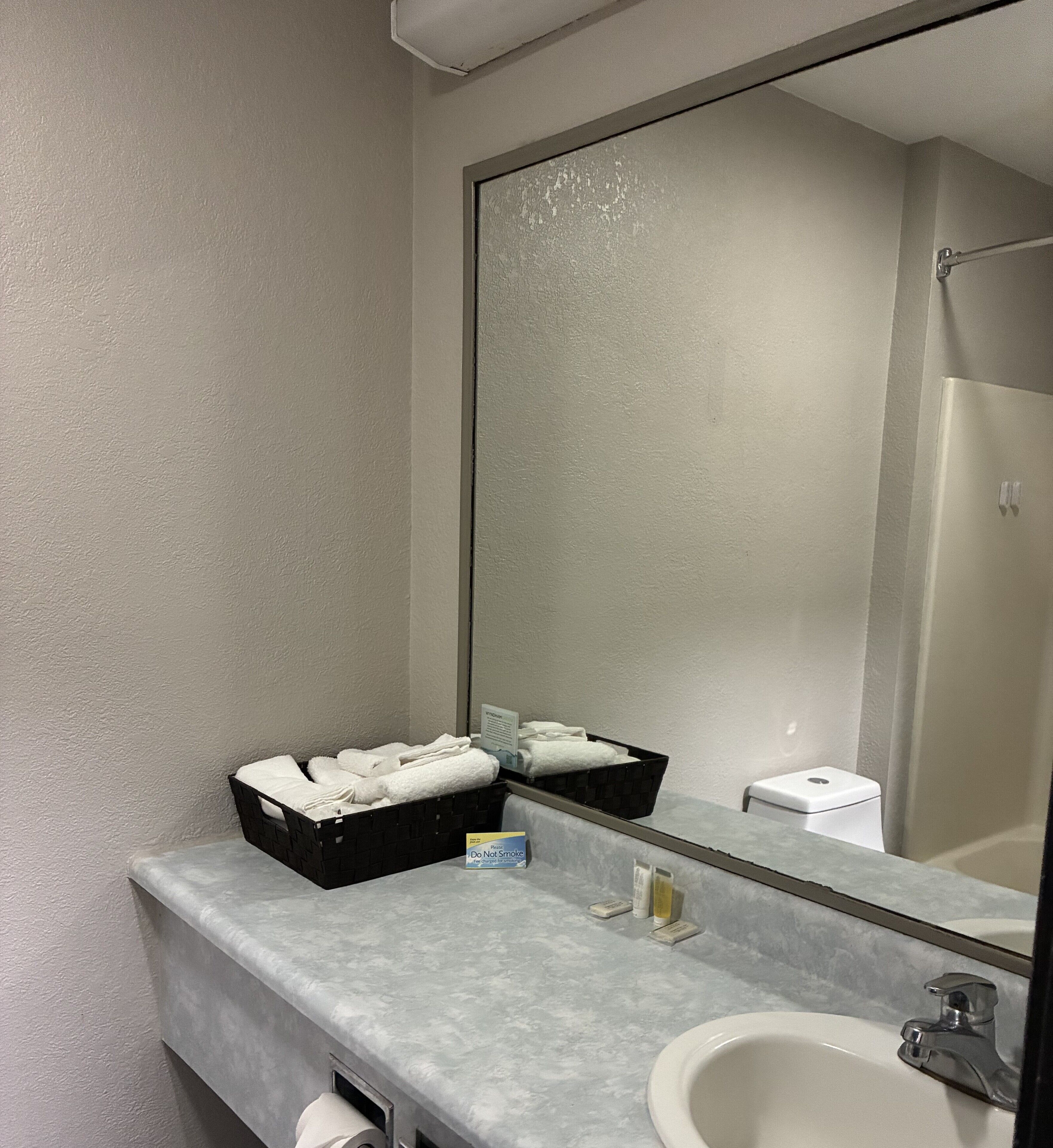 A bathroom with a large mirror, a sink, a towel rack, and a small trash bin.