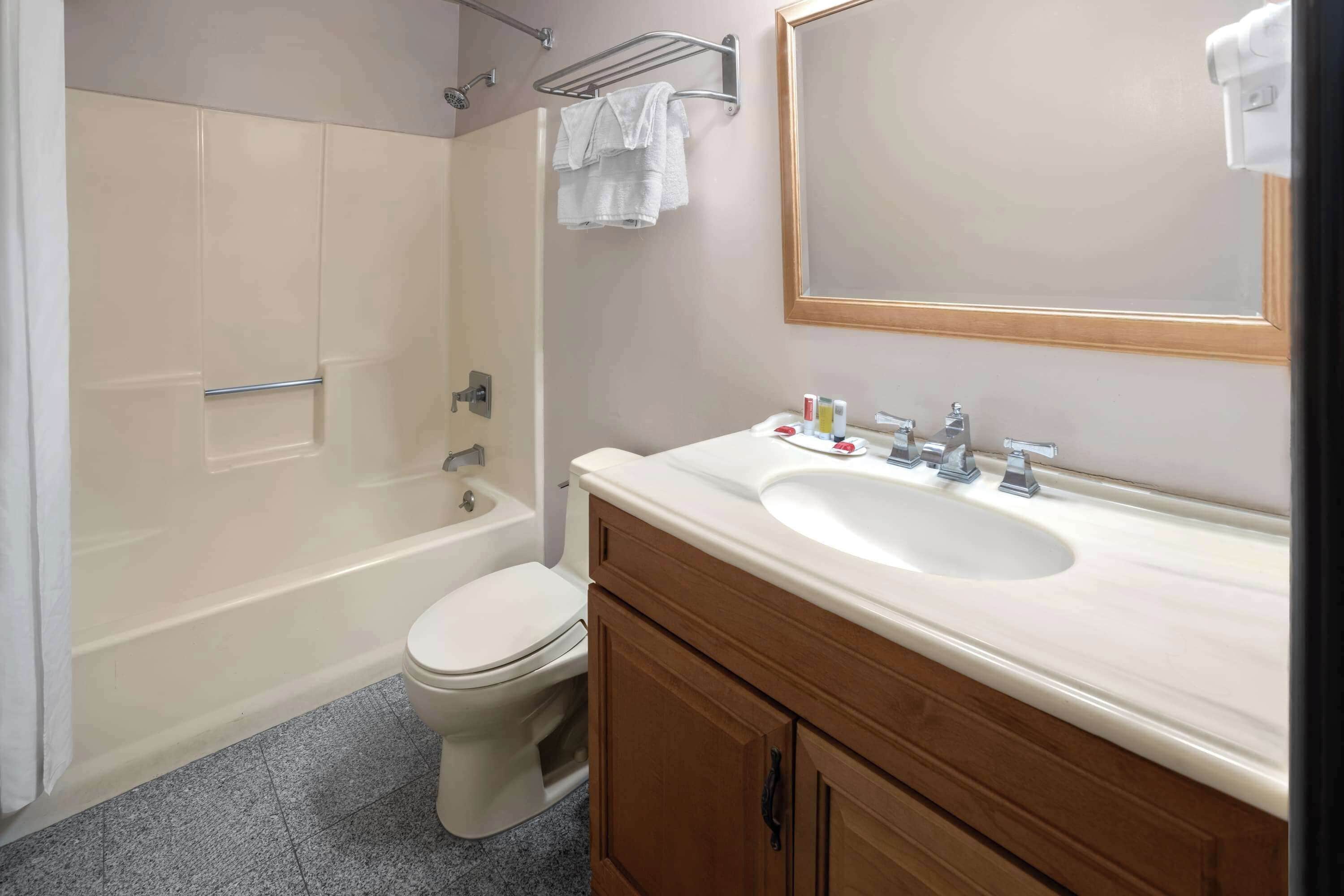A bathroom with a bathtub, toilet, vanity with a sink, and a mirror.
