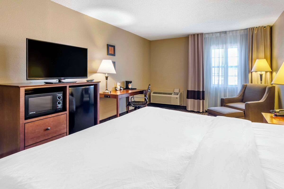 Une chambre d’hôtel avec un grand lit, un bureau avec une lampe, une télévision, un four à micro-ondes et une chaise.