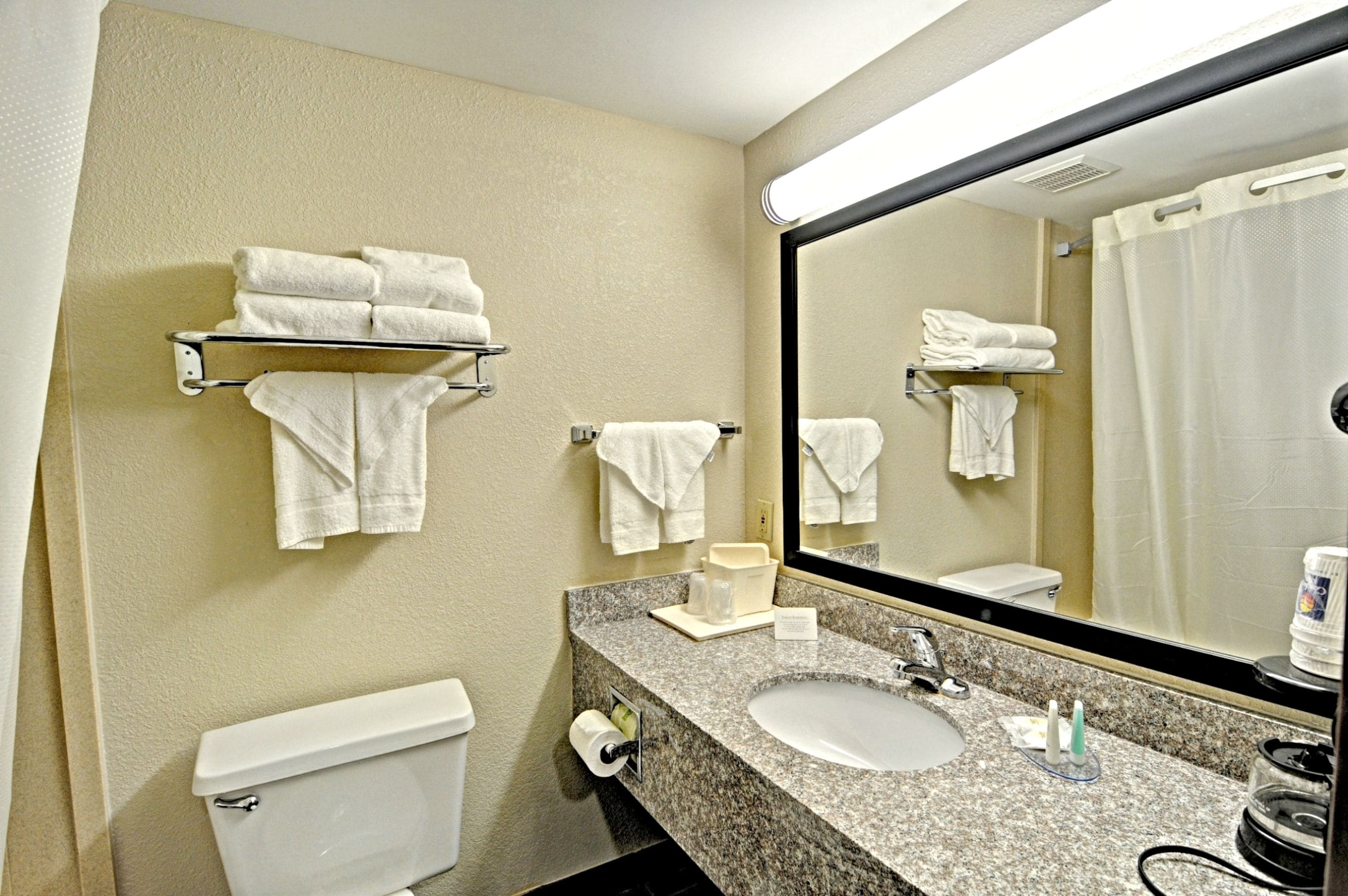 A hotel bathroom with a toilet, sink, and a large mirror. There are towels on a rack and a shower curtain.