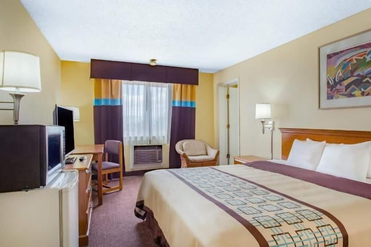 A hotel room with a bed, desk, chair, TV, and artwork on the wall.