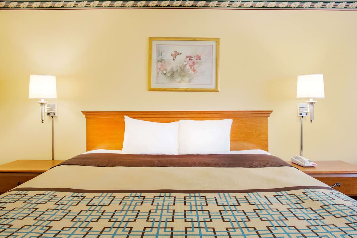 A hotel room with a large bed, two bedside lamps, a wooden headboard, a floral artwork on the wall, and a patterned bedspread.