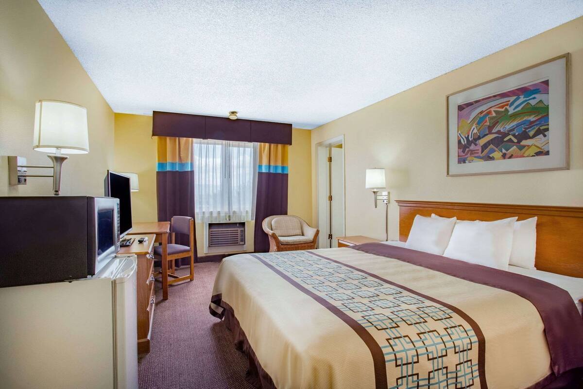 A hotel room with a bed, desk, chair, television, and artwork on the wall.