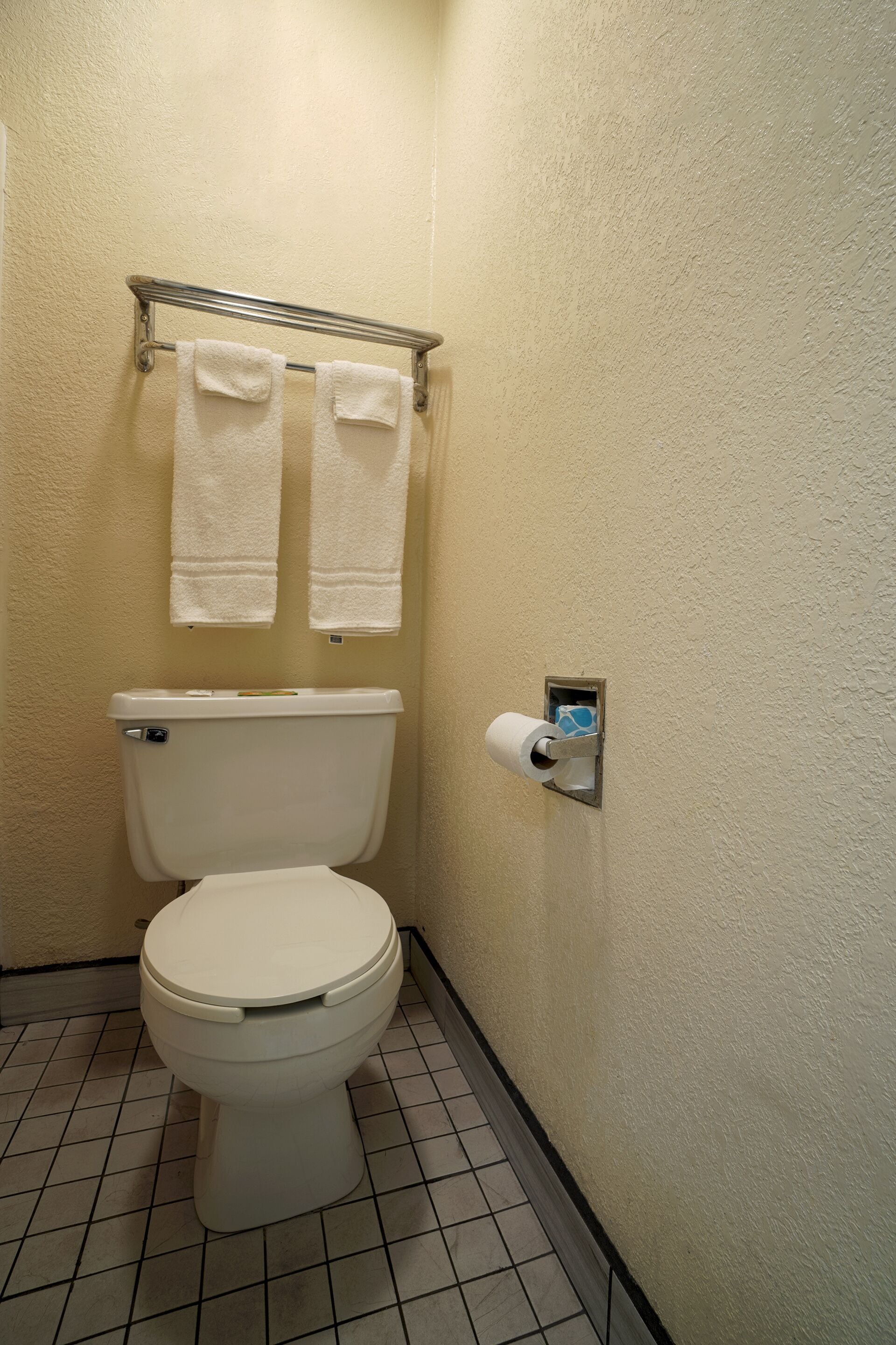 A small bathroom with a toilet, a towel rack with two towels, and a toilet paper holder.