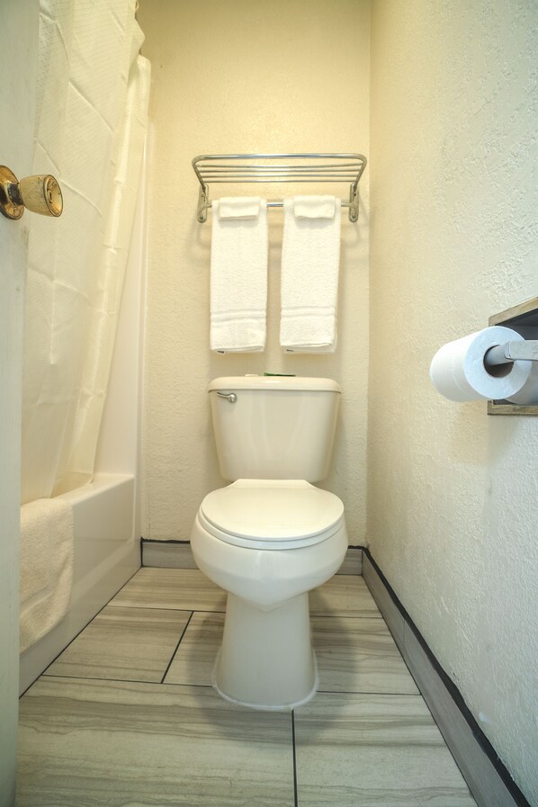 A small, clean bathroom with a toilet, a shower curtain, a towel rack with two towels, and a toilet paper holder.