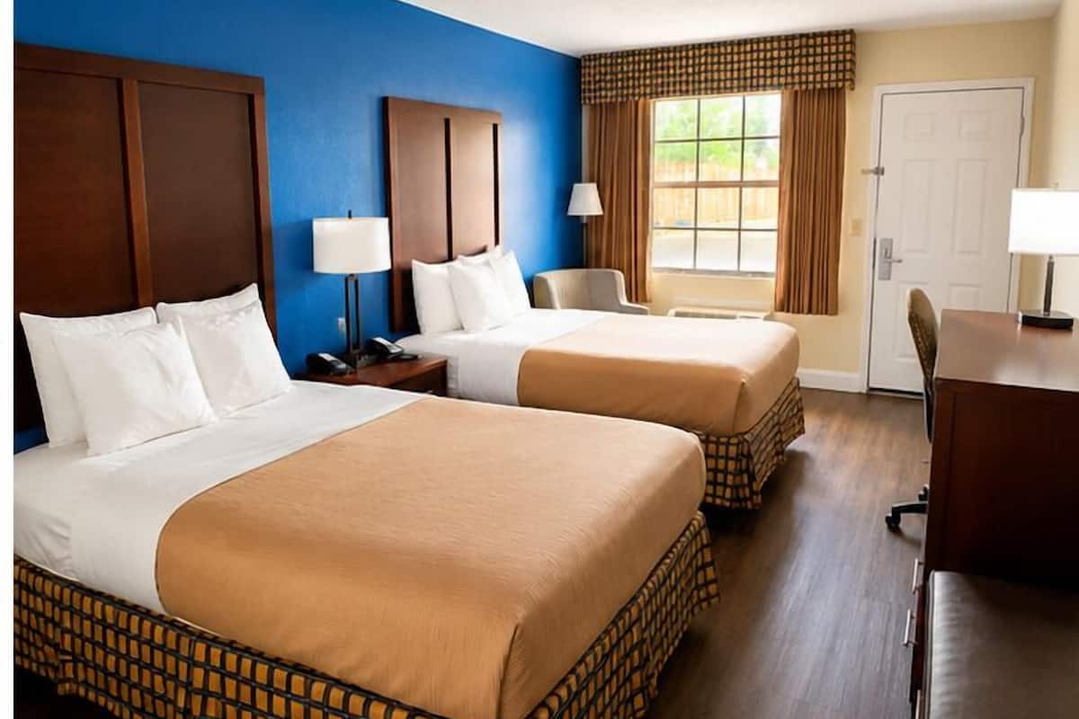 Room, 2 Queen Beds, Refrigerator & Microwave | Desk, iron/ironing board, free WiFi, bed sheets