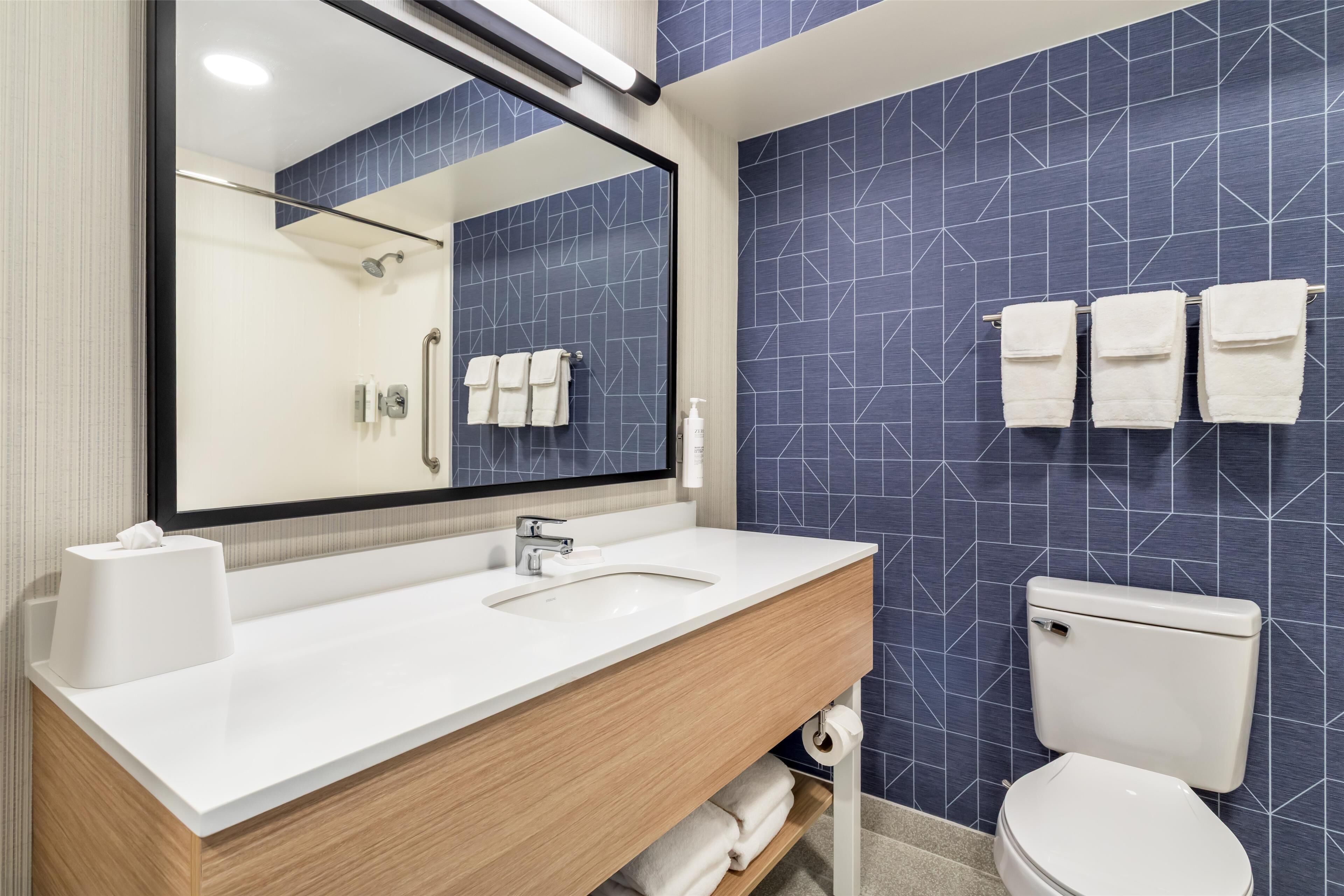 Une salle de bain moderne avec un lavabo blanc, un grand miroir et des toilettes.