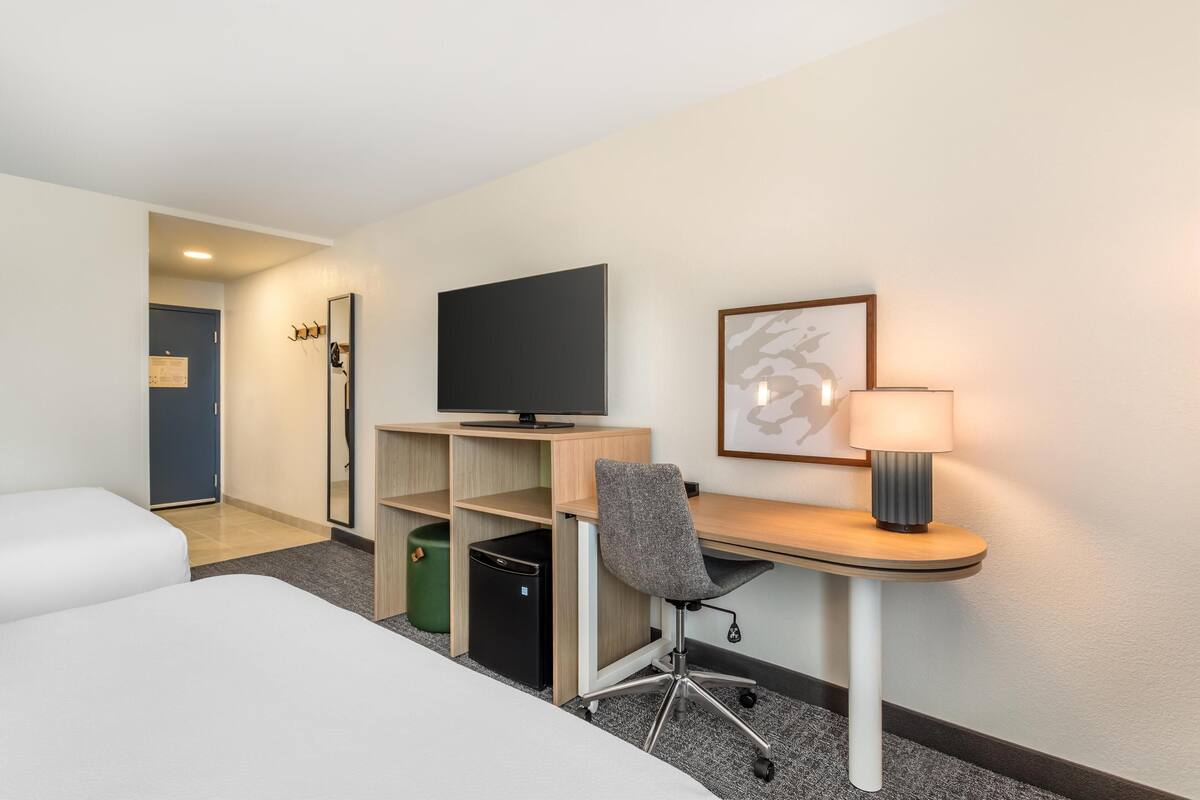 A hotel room with a bed, a desk with a computer, a chair, a TV, a lamp, and a framed picture on the wall.