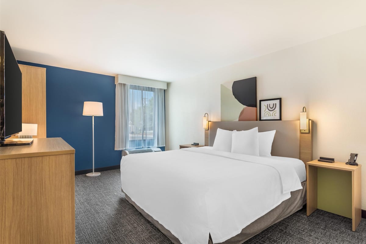 A hotel room with a large bed, a desk, a flat-screen TV, a lamp, a nightstand, and a window with curtains.