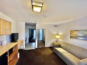 In-room safe, desk, laptop workspace, blackout curtains