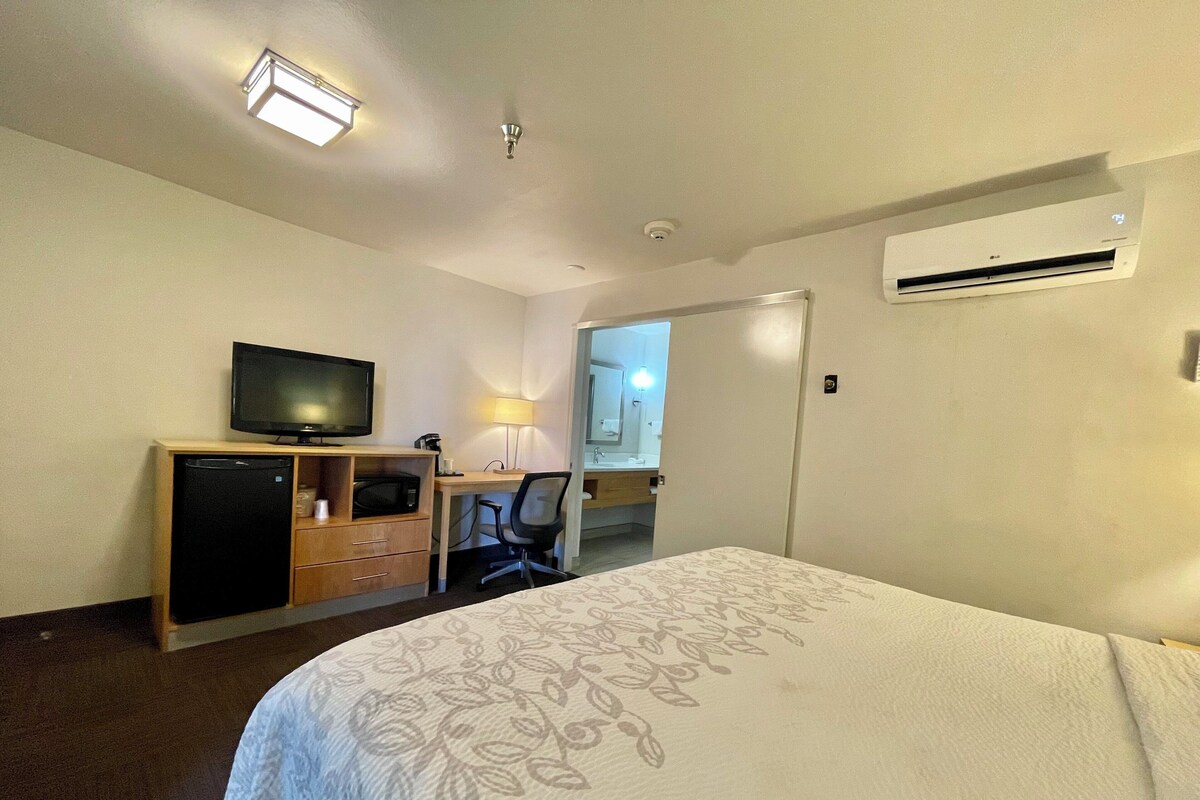 Habitación de hotel con cama, escritorio, televisor, microondas y lámpara.