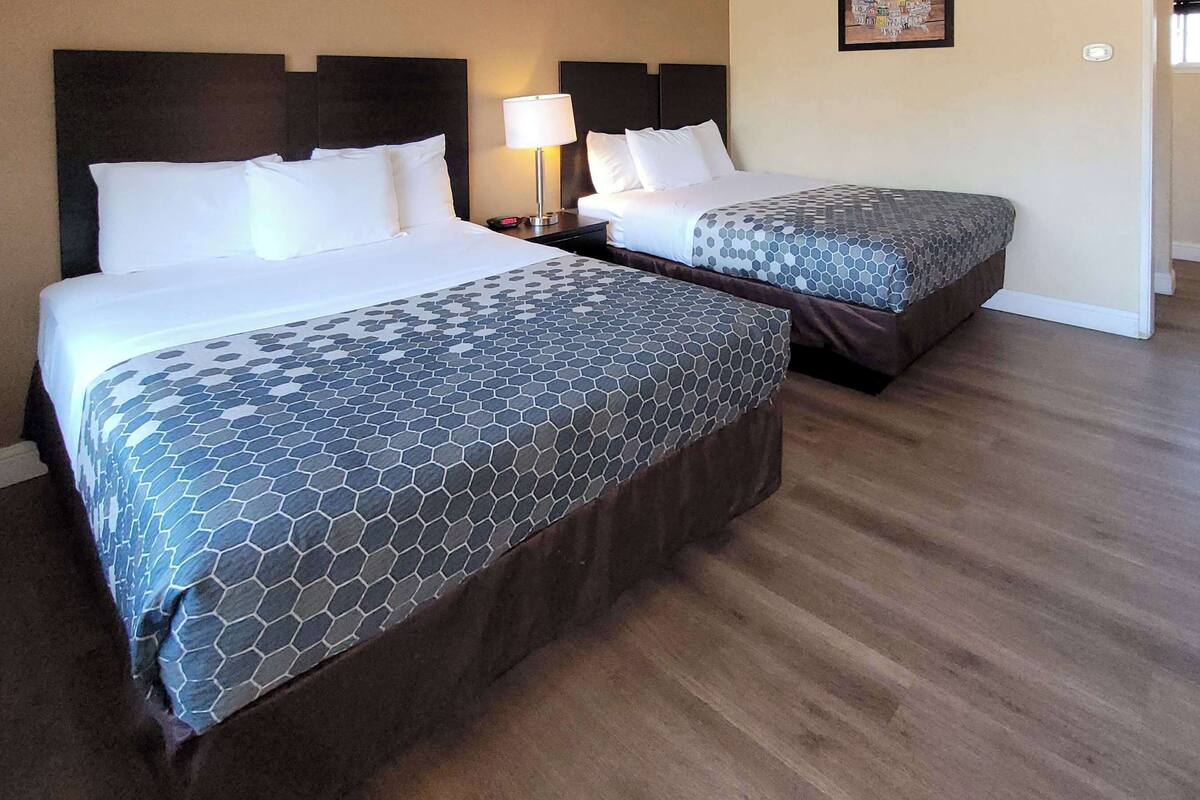 A hotel room with two beds, a nightstand with a lamp, and a framed picture on the wall.