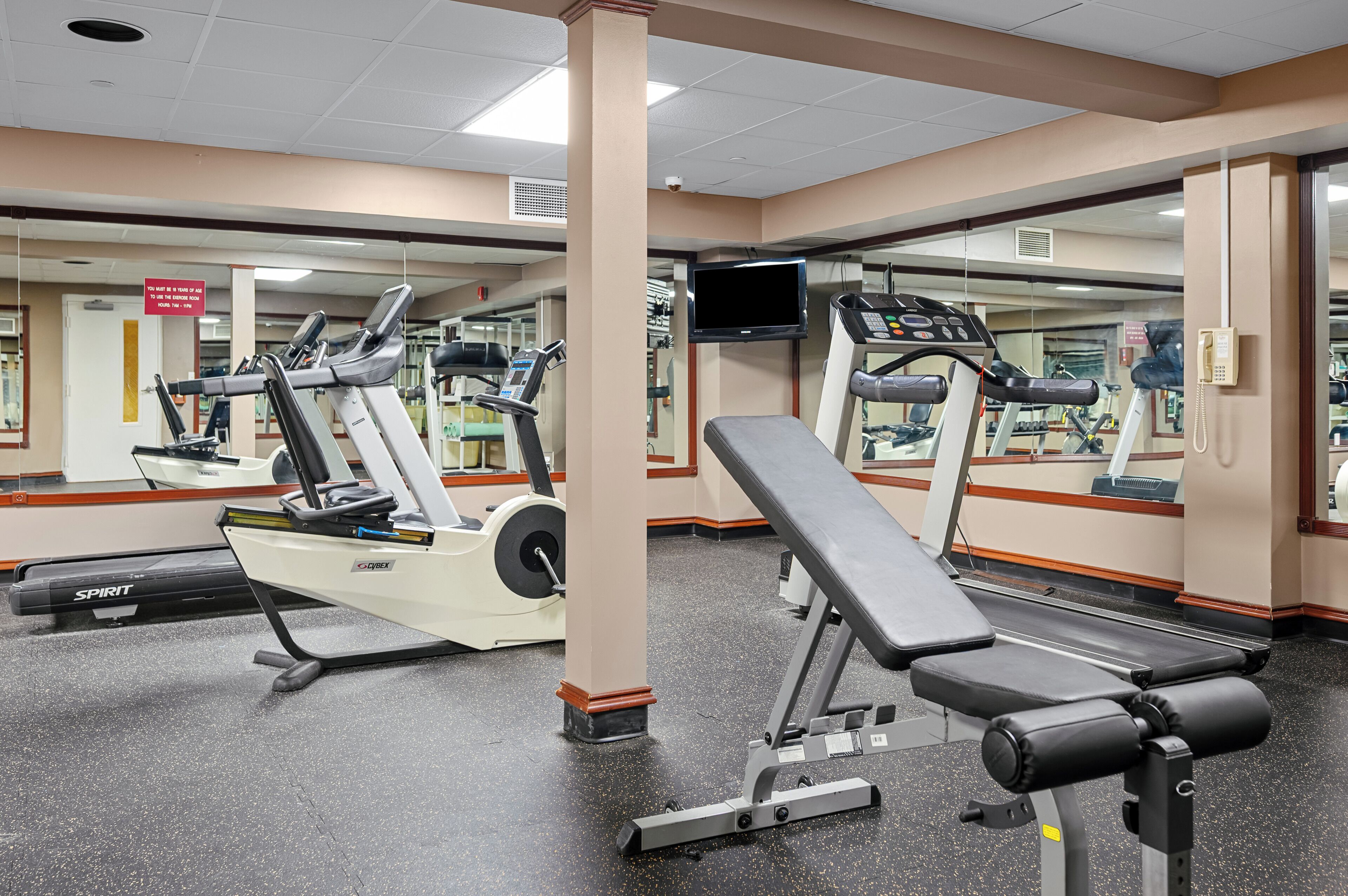 A gym with cardio machines, a bench, and mirrors on the walls.