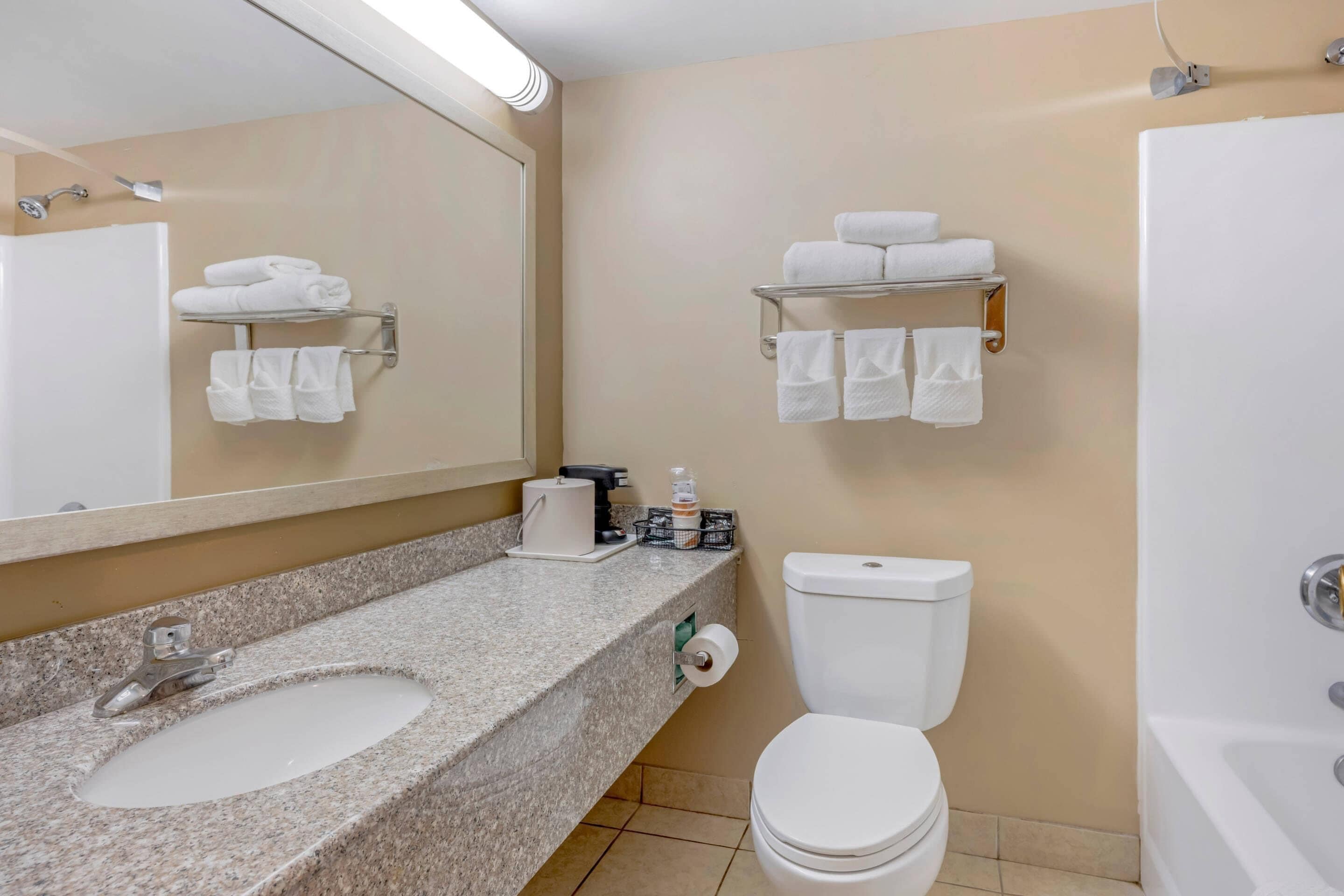 A bathroom with a granite countertop, a white sink, a toilet, and a mirror.