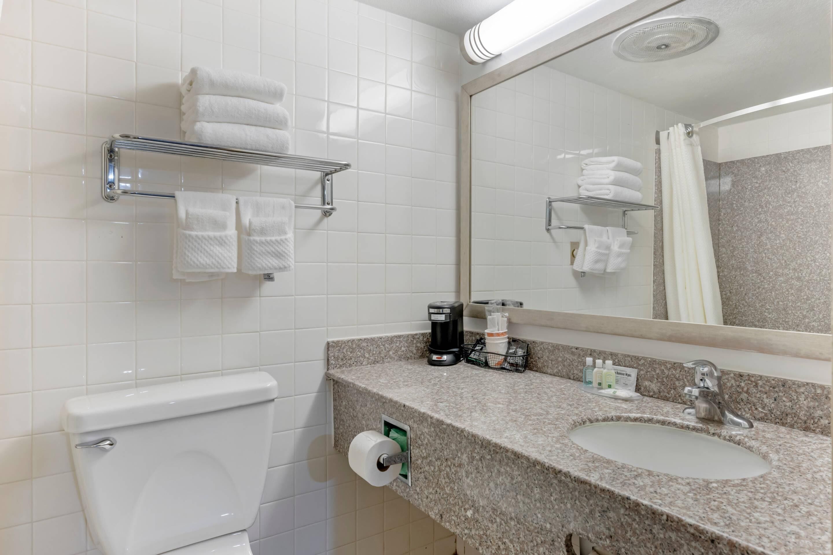 A bathroom with a toilet, sink, and towel rack.