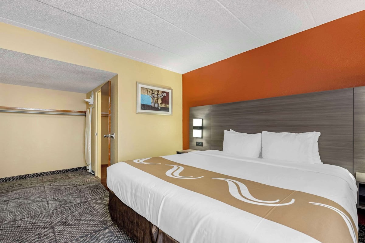 Une chambre d’hôtel avec un grand lit, une tête de lit en bois, un tableau au mur et une porte sur le côté gauche.