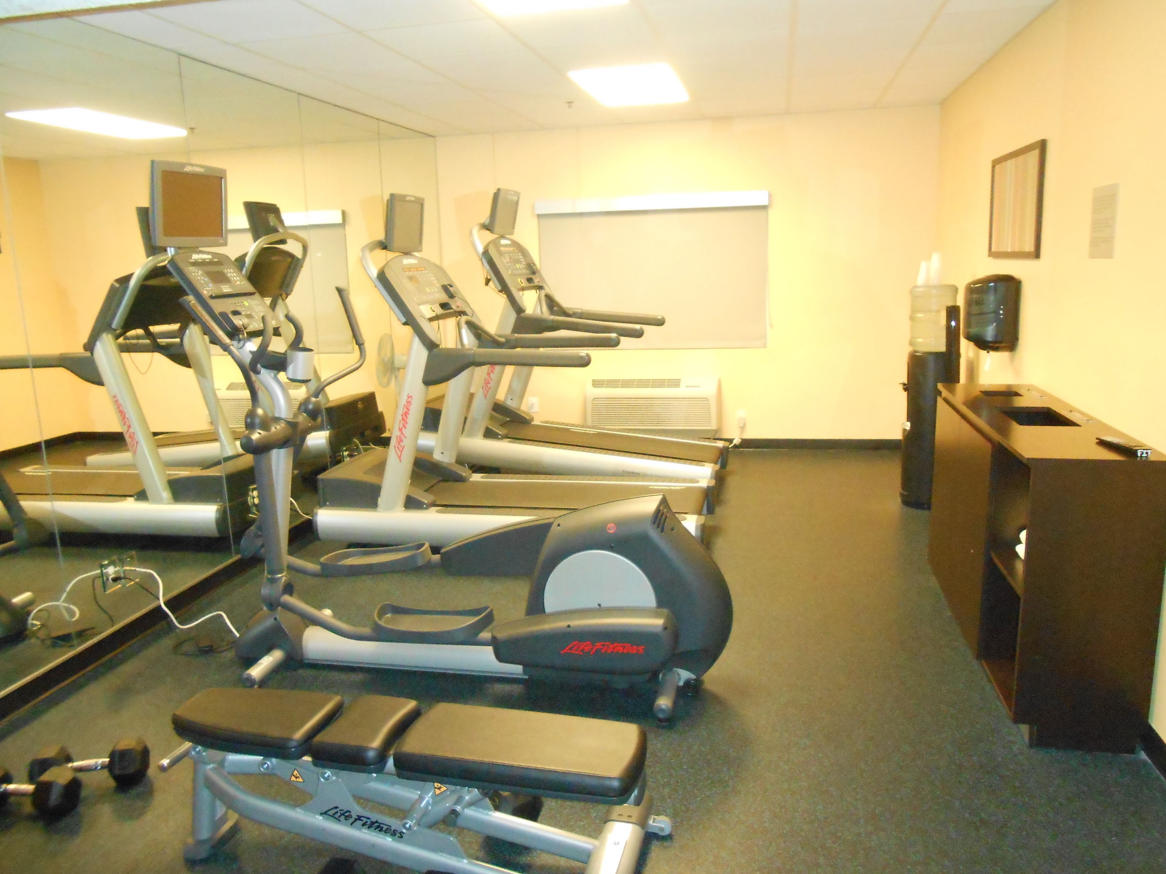 A gym with treadmills, elliptical machines, and a bench.