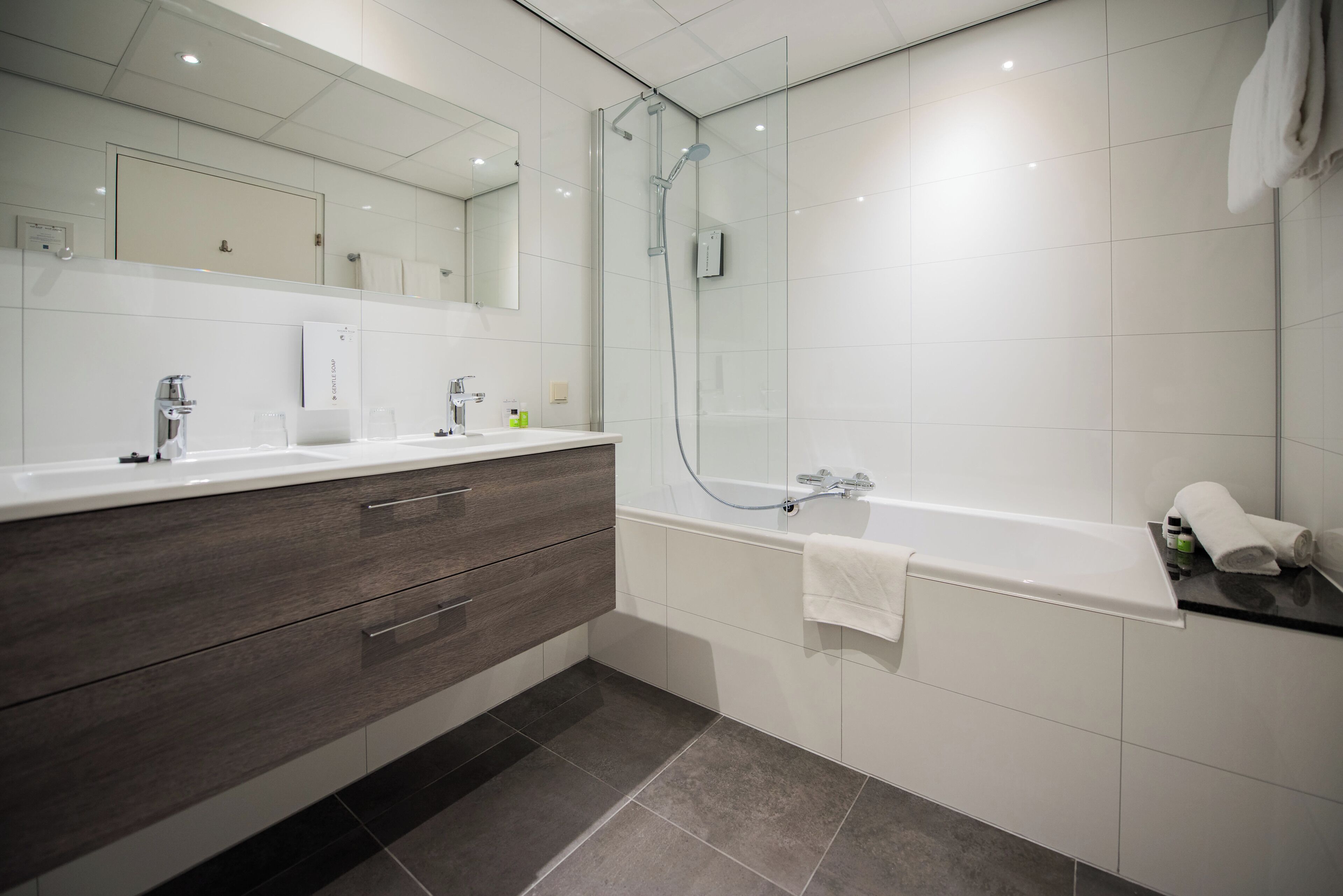 family room | bathroom | shower, hydromassage showerhead, eco-friendly toiletries, hair dryer