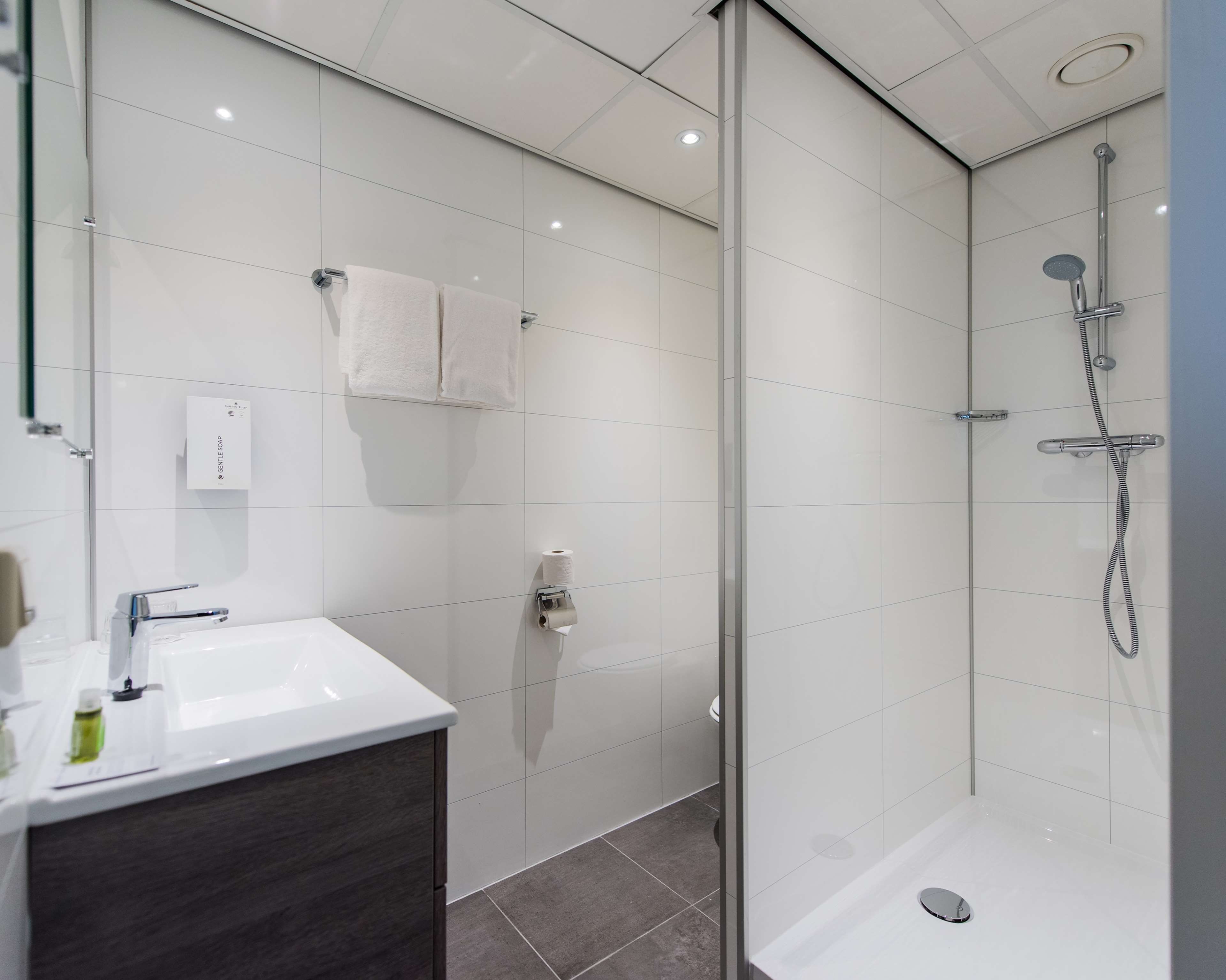 Une salle de bain moderne avec une douche à l’italienne en verre, un lavabo blanc et un meuble-lavabo aux tons foncés.