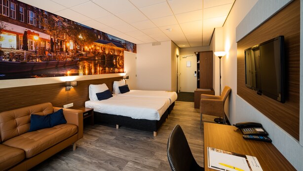 Una habitación de hotel con cama, sofá, escritorio y teléfono, y un televisor.