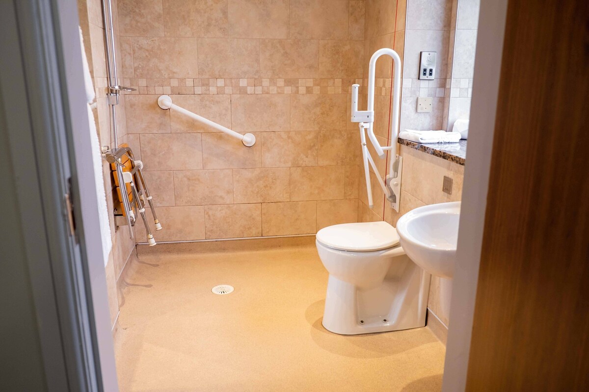 A bathroom with a toilet, sink, and grab bars.
