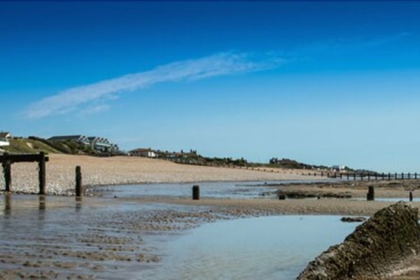En la playa, sillas reclinables de playa, sombrillas, toallas de playa