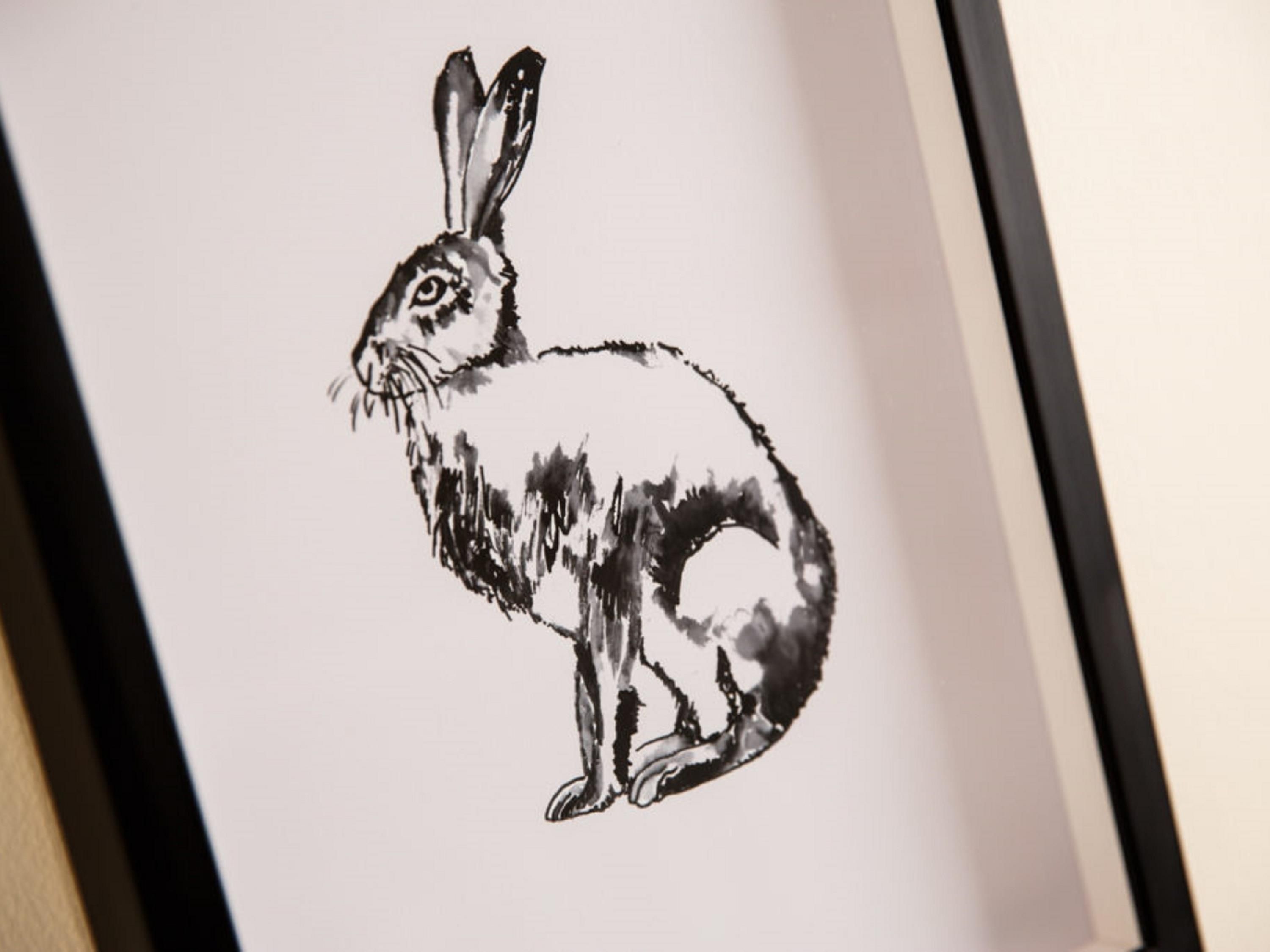 Dibujo en blanco y negro de un conejo, enmarcado.