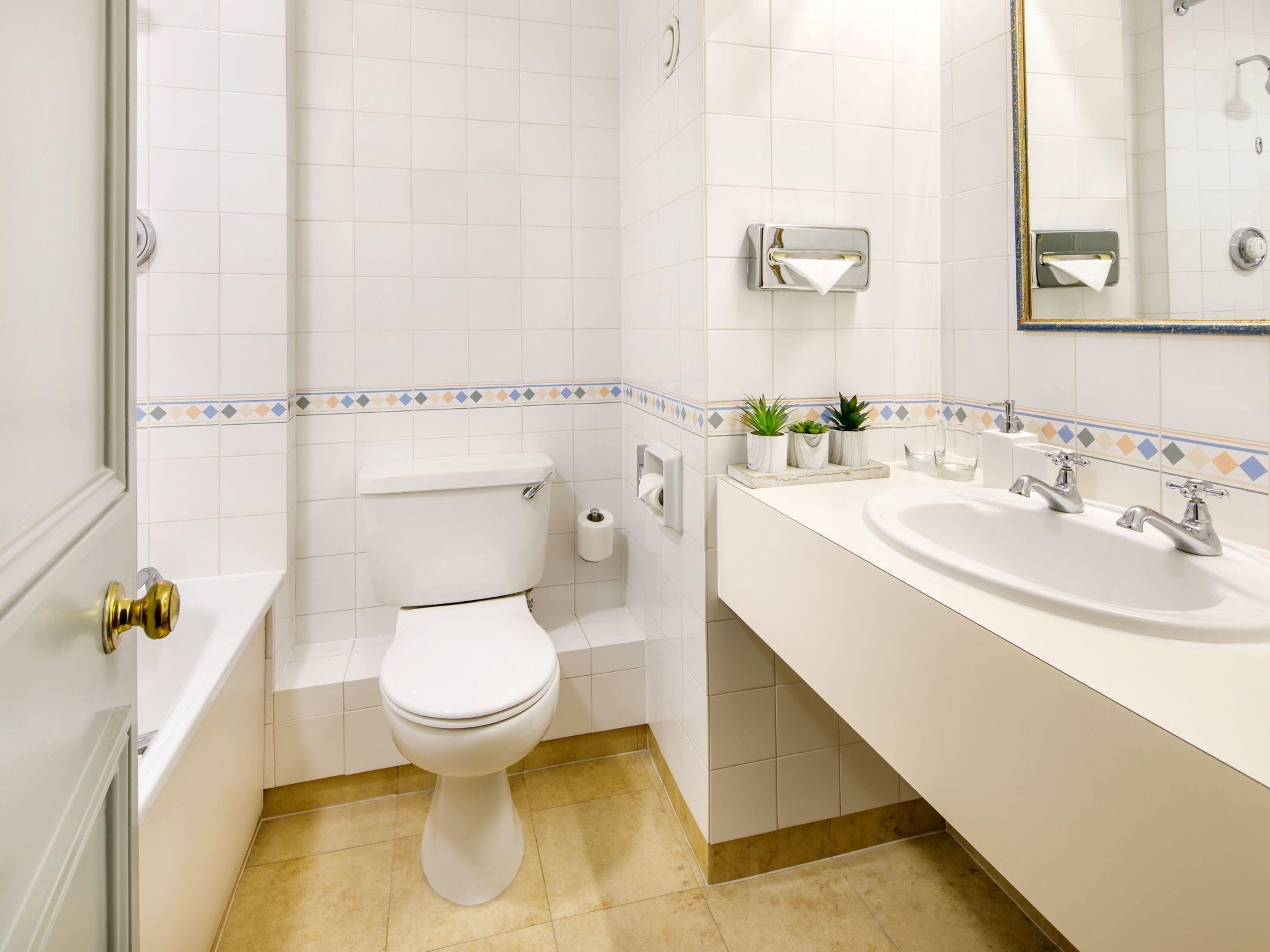 A bathroom with a toilet, sink, and mirror.