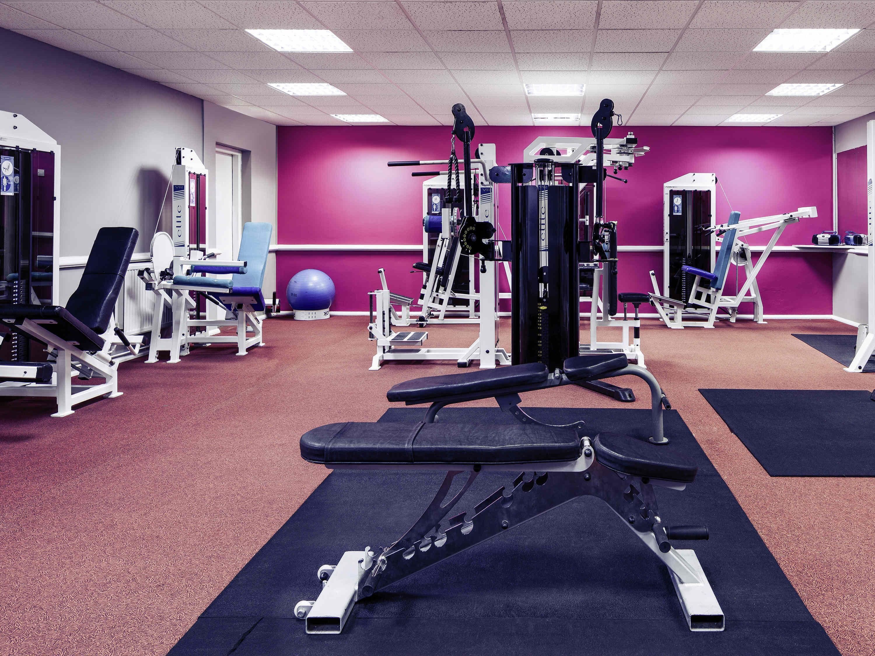 A gym with various exercise equipment, including benches, weight machines, and a medicine ball.