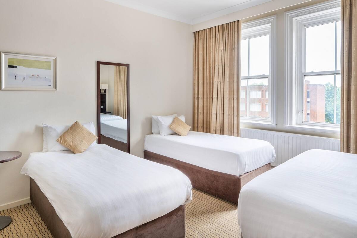Habitación de hotel con dos camas, un ventanal con cortinas, un espejo y un cuadro en la pared.