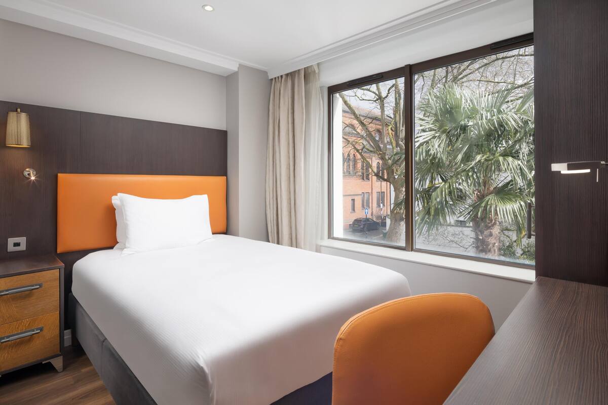 Habitación de hotel con una cama grande, un escritorio, una silla, una mesita de noche y una ventana con vistas a palmeras y edificios.