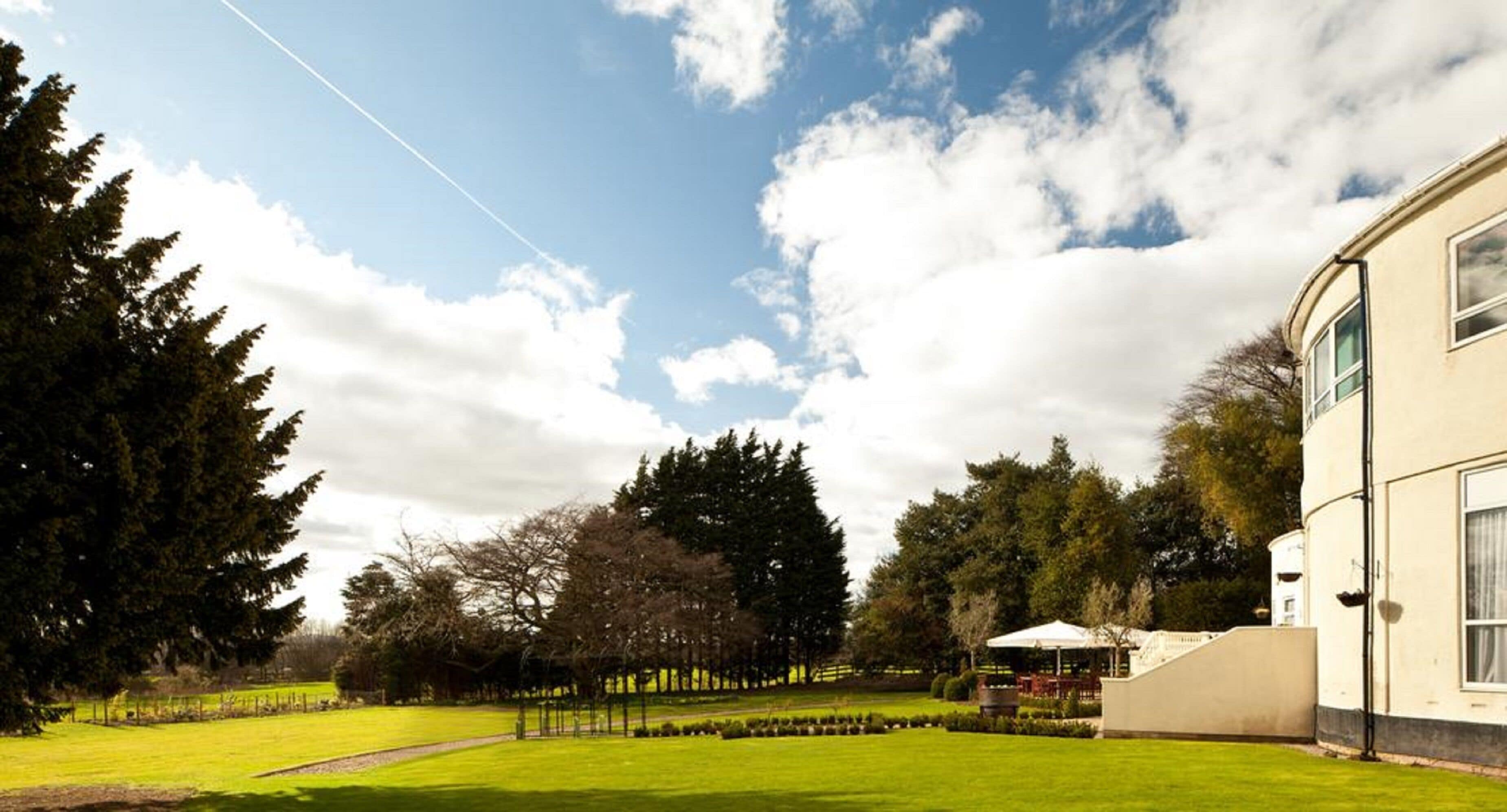 A well-maintained lawn with a pathway, a building with large windows, and a clear sky.
