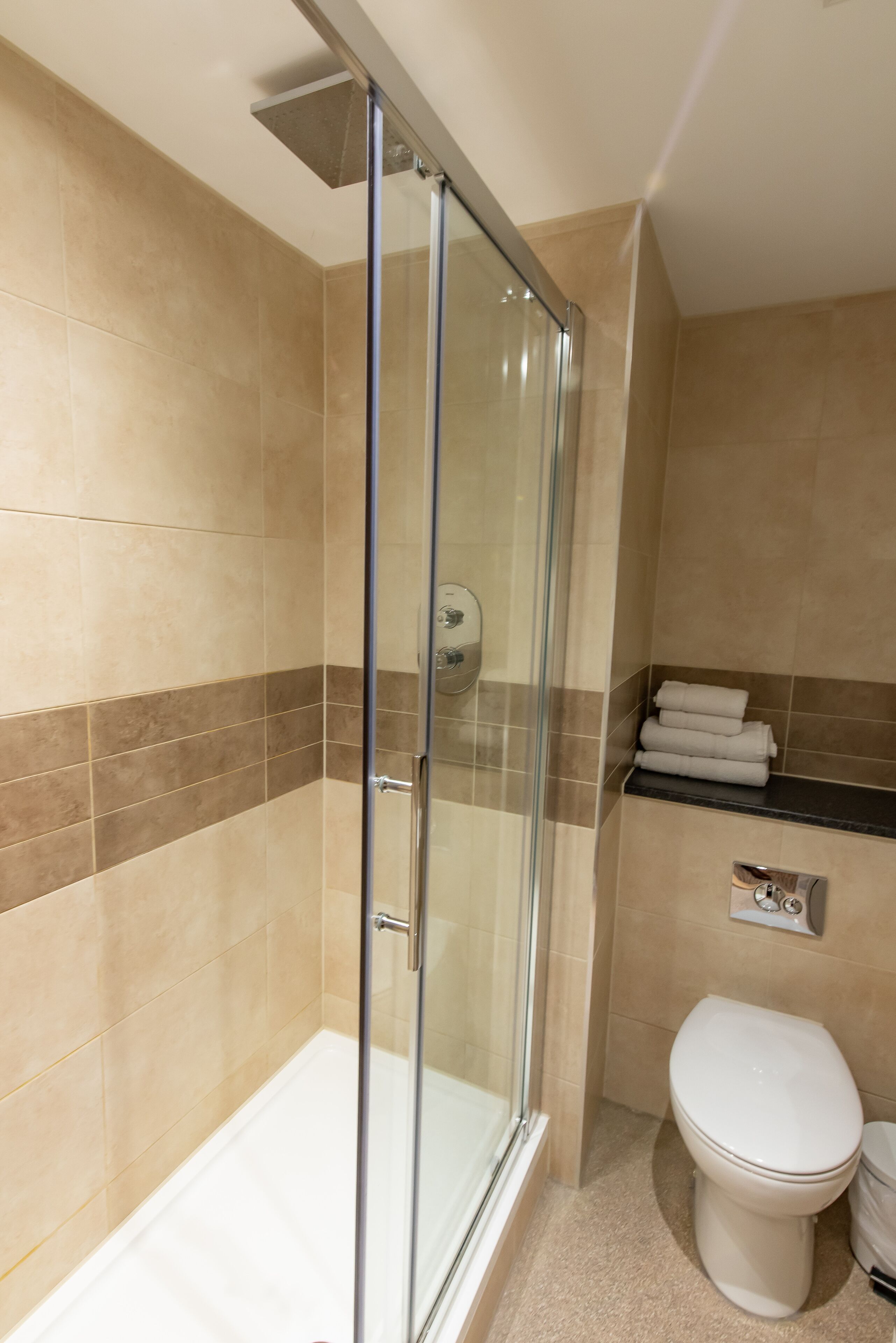 A modern bathroom with a glass shower enclosure, a white toilet, and a towel rack.