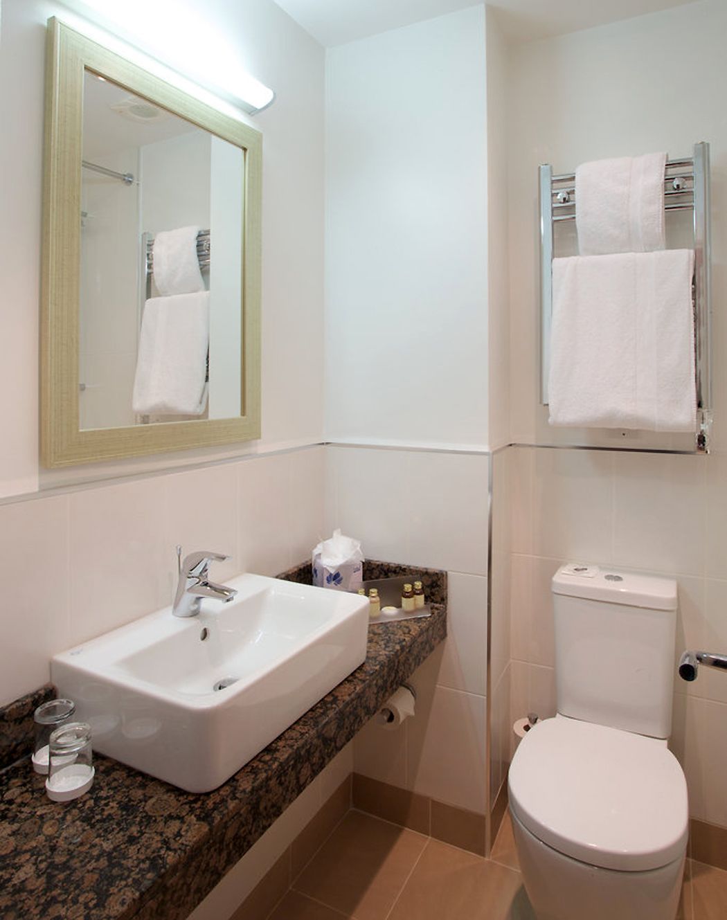 Un baño con lavabo, espejo, inodoro y toallero.
