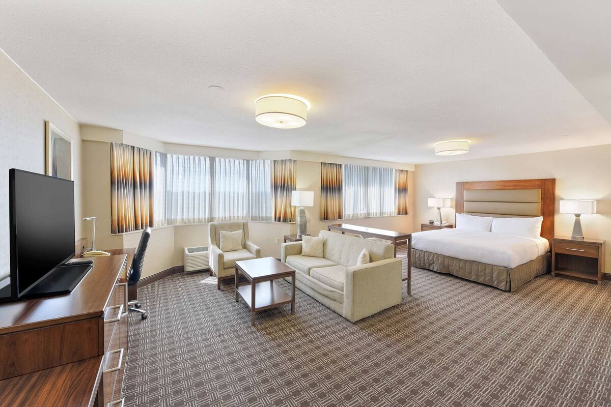 Habitación de hotel con cama, escritorio con televisor, sofá, sillón, pequeña mesa y lámpara.