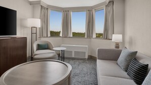 A hotel room with a large window, a flat-screen TV, a sofa, a small table, and a radiator.