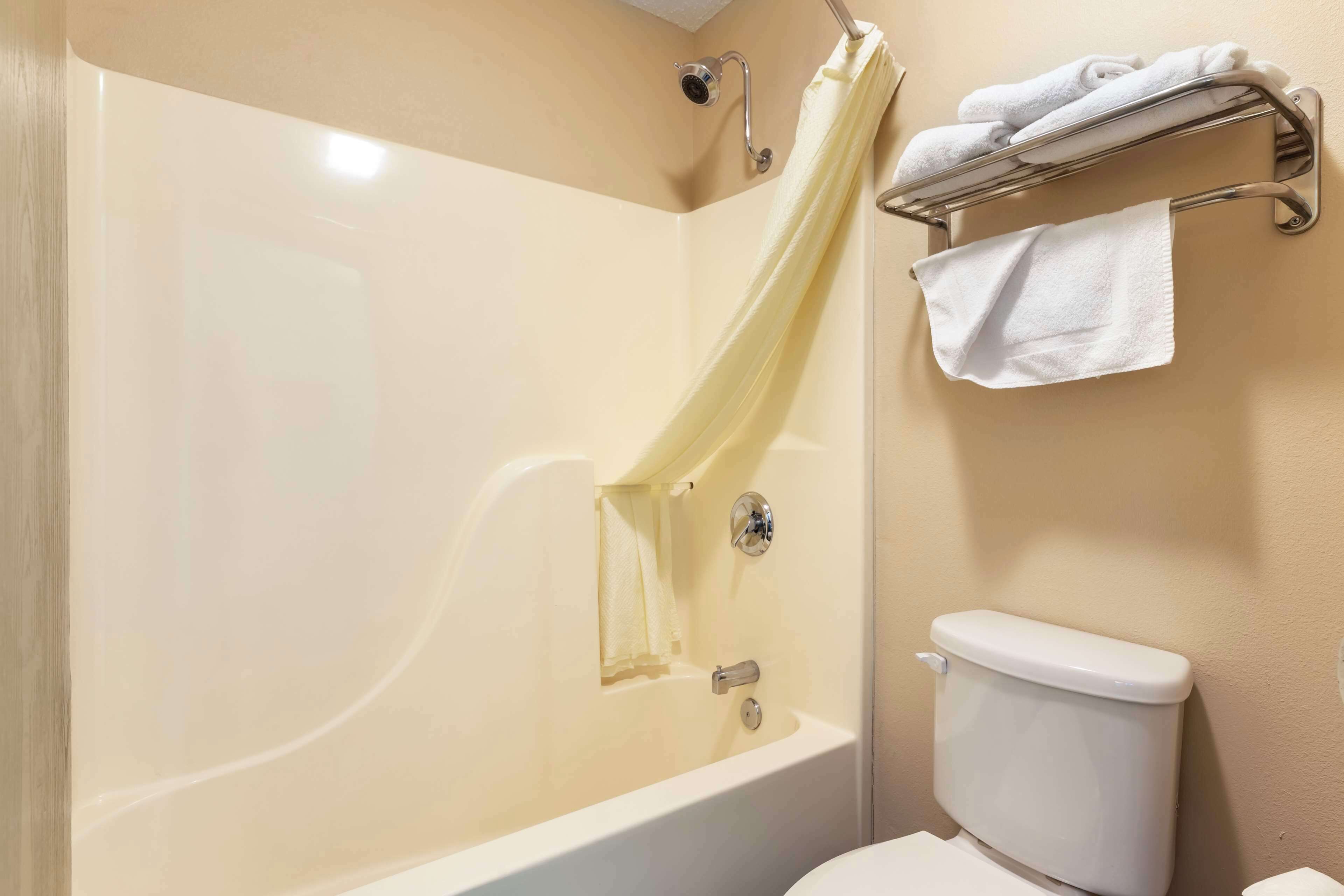 standard room, 1 king bed, non smoking, refrigerator & microwave | bathroom | combined shower/bathtub, free toiletries, hair dryer, towels