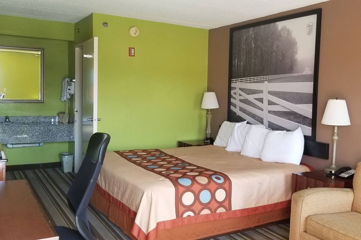 A hotel room with a bed, a chair, a sofa, a desk, a lamp, and a painting on the wall.