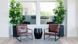A modern room with two leather chairs, a black geometric coffee table, and two large potted plants. - Quality Inn & Suites Lathrop - South Stockton (Lathrop)